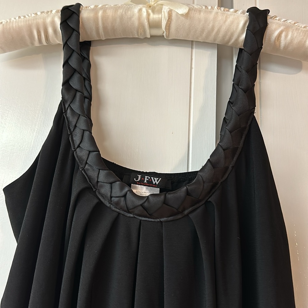 PRETTY JFW BLOUSE/MINI DRESS. Size M. Black w/braided “statin” straps. EUC.